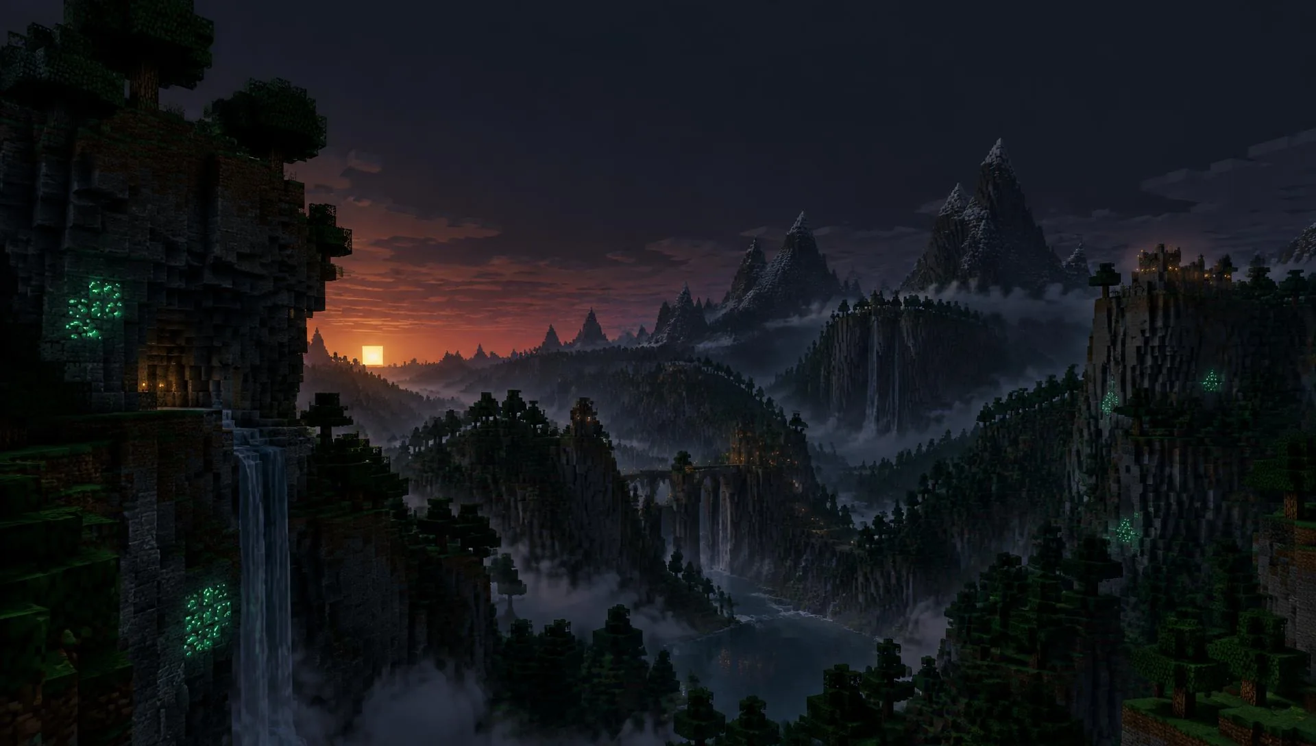 Minecraft-inspired concept landscape with block-built mountains and a river at dusk